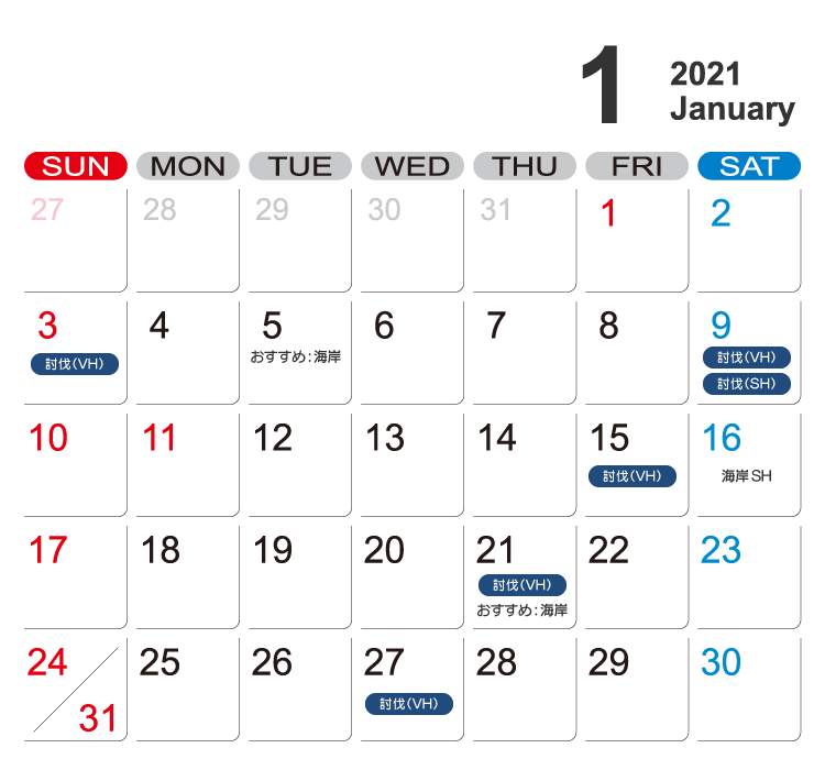 2021年1月バル・ロドス討伐関係予想カレンダー